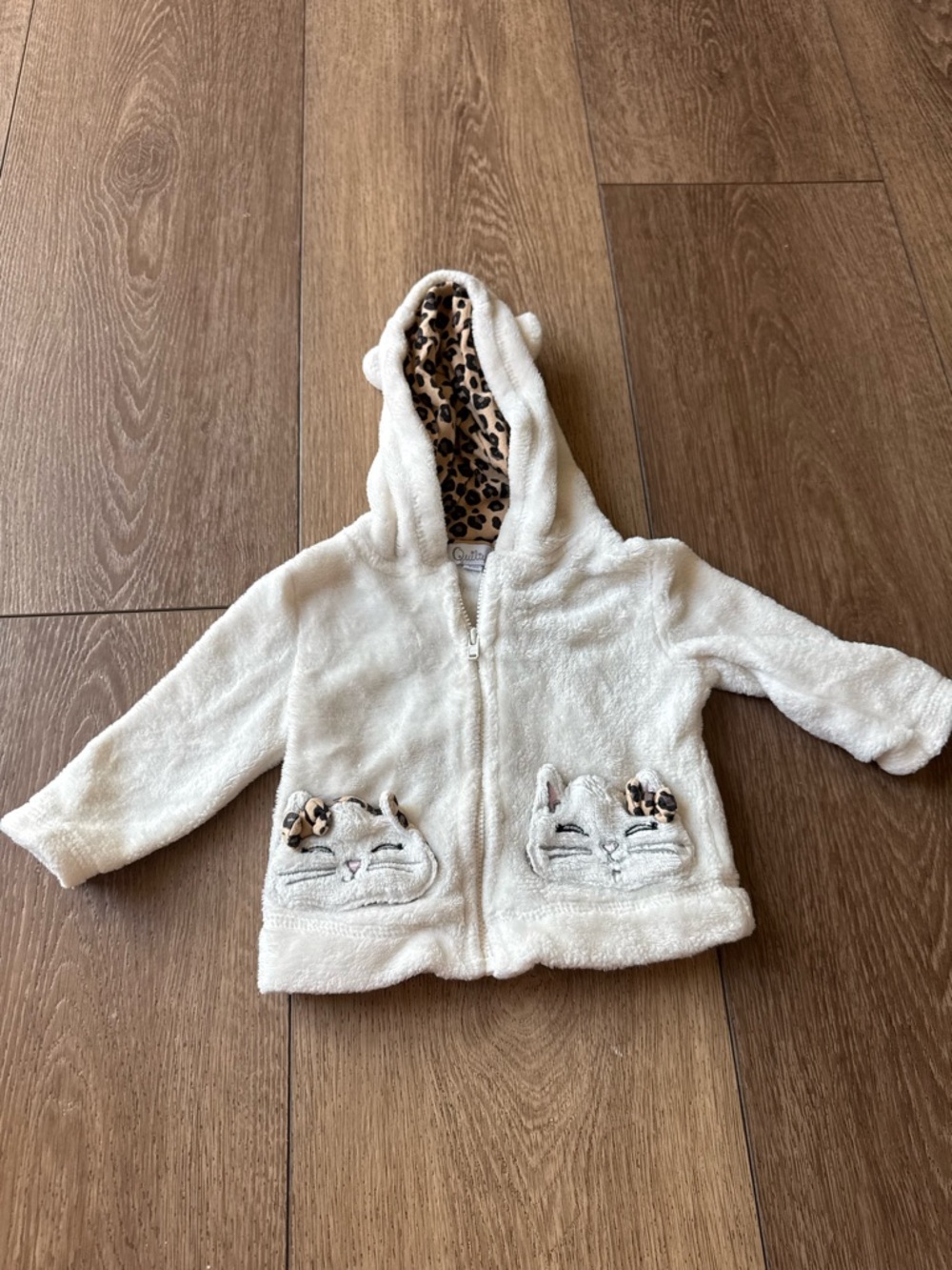 Cream Fuzzy Baby Cat Hoodie with Leopard Trim